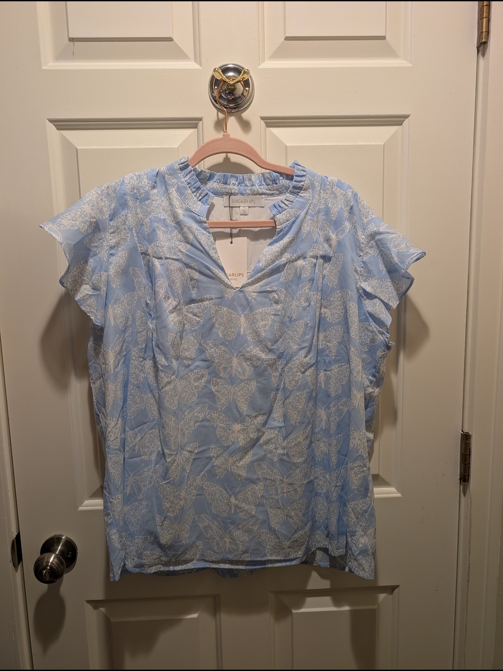 Sugarlips Light Blue Butterfly Print Ruffle Sleeve Blouse